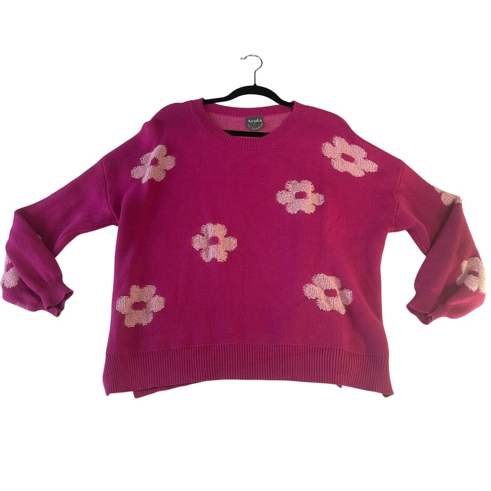 Arula Pink Floral Knit Sweater Womens Size X Magenta Flower Patch Pullover